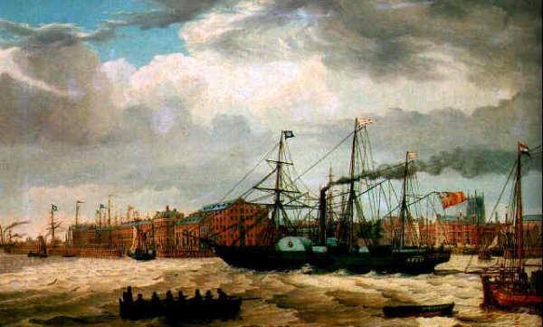 A paddle steamer and other shipping in the docks at Kingston upon Hull 1829