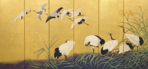 Six Fold Screen Depicting Reeds and Cranes Edo period Japanese