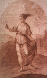 A Young Woman walking bare-footed in a Landscape