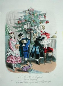 Decorating the Christmas Tree, advertisment for 'La Toilette des Enfants', 1872