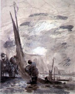 Figures with Cart and Boats on the shore, near cliffs