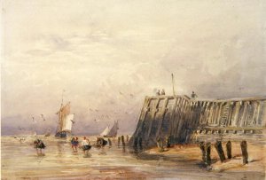 Seascape with Sailing Barges and Figures Wading Off-Shore, 1832