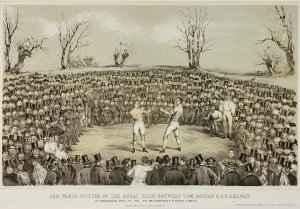 The Great Fight Between Tom Sayers and J.C. Heenen at Farnborough, 17th April 1860, engraved by Wolmoth & Lopez