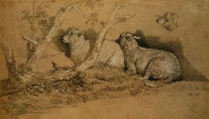 Sheep Resting in a Wooded Copse and a Study of the Head of a Sheep