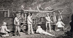 The Advanced Gallery on the French Side of the Mont Cenis Tunnel, with the 'Perforatrices' at Work, from 'The Ascent of the Matterhorn by Edward Whymper, published 1860s-80s