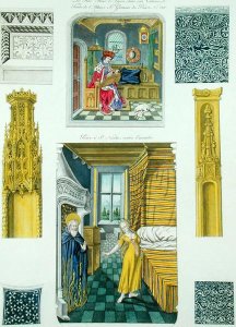 Interior decoration of houses represented in manuscripts of the 15th century, from Monuments Francais, printed by Amedee Peree, 1839