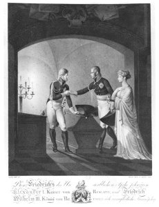 Near the ashes of Friederick II the Great of Prussia (1712-86), Tsar Alexander I (1777-1825) and King Friedrich Wilhelm III of Prussia (1770-1840) swearing immortal friendship, at Potsdam in the night of 4th to 5th November 1805, 1807