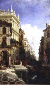 A Capriccio View of Venice with a Princess being Shown to a Gondola at the Back of the Scuola di San Marco