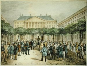 Burial of Revolutionaries in the Place des Martyres de la Liberte, Brussels, 2nd October 1830, engraved by A.M. Jobard (fl.1820-20)