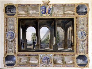 The Palais Royal, Paris, surrounded by vignettes of the childhood residences of Charles Ferdinand, the Duke de Berry 1778-1820 and his wife Maria Caroline of Bourbon