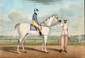 Racehorse with jockey up and groom, Calcutta