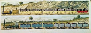 Travelling on the Liverpool and Manchester Railway A Train of the First Class of Carriages with the Mail, and A Train of the Second Class for Outside Passengers, engraved by S.G. Hughes, pub. by R. Ackermann, 1831