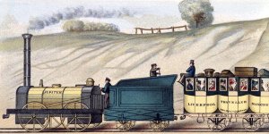 Travelling on the Liverpool and Manchester Railway, detail of the locomotive Jupiter, engraved by S.G. Hughes, c.183