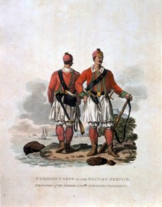 Foreign Corps in the British Service, Privates of the Greek Light Infantry Regiment, from Costumes of the Army of the British Empire, according to the last regulations 1812, engraved by J.C. Stadler, published by Colnaghi and Co. 1812-15