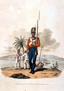 A Private of the 5th West India Regiment, from Costumes of the Army of the British Empire, according to the last regulations 1812, engraved by J.C. Stadler, published by Colnaghi and Co. 1812-15