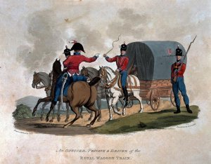 An Officer, Private, and Driver of the Royal Waggon Train, from Costumes of the Army of the British Empire, according to the last regulations 1812, engraved by J.C. Stadler, published by Colnaghi and Co. 1812-15