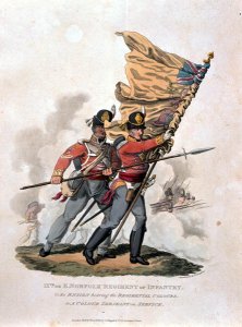 9th, or E Norfolk Regiment of Infantry, from Costumes of the Army of the British Empire, according to the last regulations 1812, engraved by J.C. Stadler, published by Colnaghi and Co. 1812-15