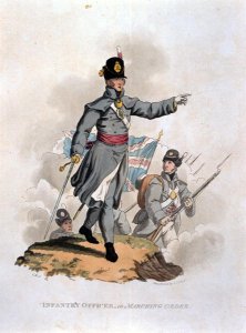 Infantry Officer in Marching Order, from Costumes of the Army of the British Empire, according to the last regulations 1812, engraved by J.C. Stadler, published by Colnaghi and Co. 1812-15