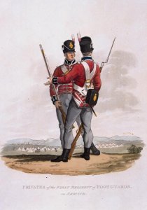 Privates of the First Regiment of Foot Guards on Service, from Costumes of the Army of the British Empire, according to the last regulations 1812, engraved by J.C. Stadler, published by Colnaghi and Co. 1812-15