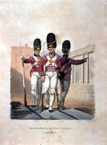 Grenadiers of the Foot Guards in Full Dress, from Costumes of the Army of the British Empire, according to the last regulations 1812, engraved by J.C. Stadler, published by Colnaghi and Co. 1812-15