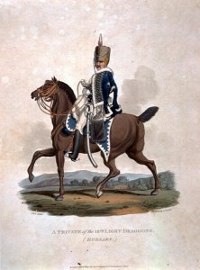 A Private of the 18th Light Dragoons Hussars from Costumes of the Army of the British Empire, according to the last regulations 1812, engraved by J.C. Stadler, published by Colnaghi and Co. 1812-15