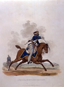 A Private of The 13th Light Dragoons, from Costumes of the Army of the British Empire, according to the last regulations 1812, engraved by J.C. Stadler, published by Colnaghi and Co. 1812-15