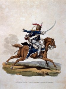 A Private of the 7th, or Queens Own Hussars, from Costumes of the Army of the British Empire, according to the last regulations 1812, engraved by J.C. Stadler, published by Colnaghi and Co. 1812-15