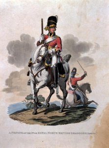 A Private of the 2nd, or Royal Northern British Dragoons (Greys) from Costumes of the Army of the British Empire, according to the last regulations 1812, engraved by J.C. Stadler, published by Colnaghi and Co. 1812-15