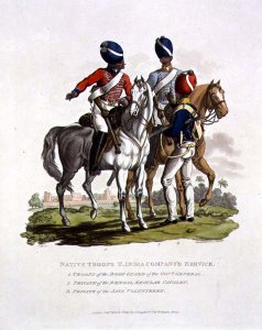 Native Troops in the East India Companys Service a Trooper of the Body Guard of the Governor General, a Private of the Bengal Regular Cavalry and a Private of the Java Voluntary, engraved by Joseph Constantine Stadler, 1815