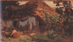 Farm-yard with Girl in Red Skirt 1885-90