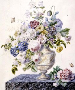 A marble vase of mixed flowers on a marble shelf, c.1800