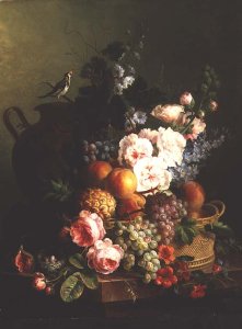 Still Life of Fruits and Flowers in a Wicker Basket on a Ledge.