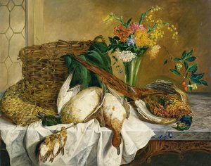 Still life of ducks, pheasant and flowers, 1855