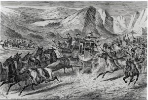 The Attack on the Deadwood Coach in Buffalo Bills Wild West, engraved by Joseph Swain 1820-1909 1887