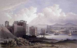 Britannia Tubular Bridge over the Menai Straits, taken during construction in 1848, lithograph by Day and Son, 1848