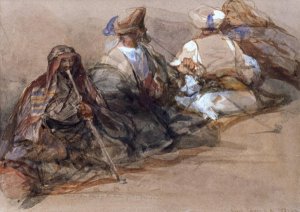 Group of Arab figures, two smoking a cubuk