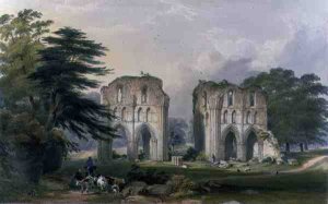 Roche Abbey, view from the West, from The Monastic Ruins of Yorkshire, engraved by George Hawkins 1819-52, 1842