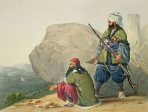 Afghaun Foot Soldiers in their Winter Dress, with Entrance to the Valley of Urgundeh, plate 11 from Scenery, Inhabitants and Costumes of Afghanistan, engraved by Robert Carrick c.1829-1904 1848