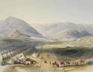 Encampment of the Kandahar Army under General Nott, outside the walls of Caubul, on the evacuation of Afghanistan by the British, plate 5 from Scenery, Inhabitants and Costumes of Afghanistan, engraved by R. Carrick c.1829-1904, 1848