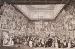 Interior view of Somerset House showing an exhibition of the Royal Academy of Arts in 1787, 1787