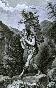 Papageno I am the birdcatcher, yes Always cheerful, fiddle-di-i, fiddle-di-da, Act I of The Magic Flute by Wolfgang Amadeus Mozart 1756-91, engraved by Friedrich Wilhelm Meyer Senior b.c.1770