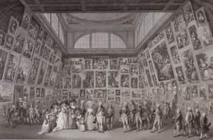 Interior view of Somerset House showing King George III (1738-1820), Queen Charlotte (1744-1818) and the Royal family viewing an exhibition of the Royal Academy of Arts in 1788, 1788