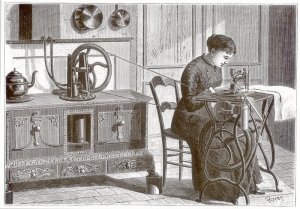 Daussins steam motor, heated on the kitchen stove, being used to power a sewing machine, from La Nature, published 1883