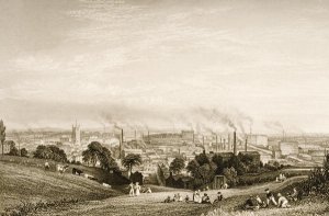 General View of Stockport, Lancashire showing cotton mills, published by J.C. Varrall fl.1815-27 1830s