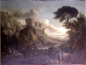 Extensive moonlit rocky river landscape with figures in the foreground and classical ruins beyond