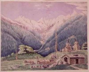 The Trisuli River at its Source in the Lakes of Gosainkund sketched from the Tibetan village of Dimchali 1860