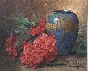 Still Life with Carnations beside a Blue Glazed Vase