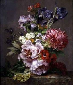 Irises peonies and other flowers in a vase