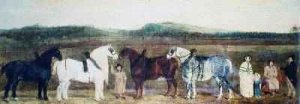 A Farmer with his family farm workers and four shire horses