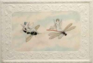 Two fairies flying through the air one seated on a bee and the other on a dragonfly 1817-29